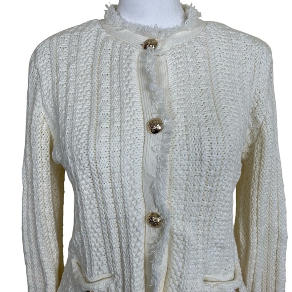 Tahari Button Up Fringe Cable Knit Cardigan Sweater Blazer Ivory Luxury Elegant - Picture 5 of 16